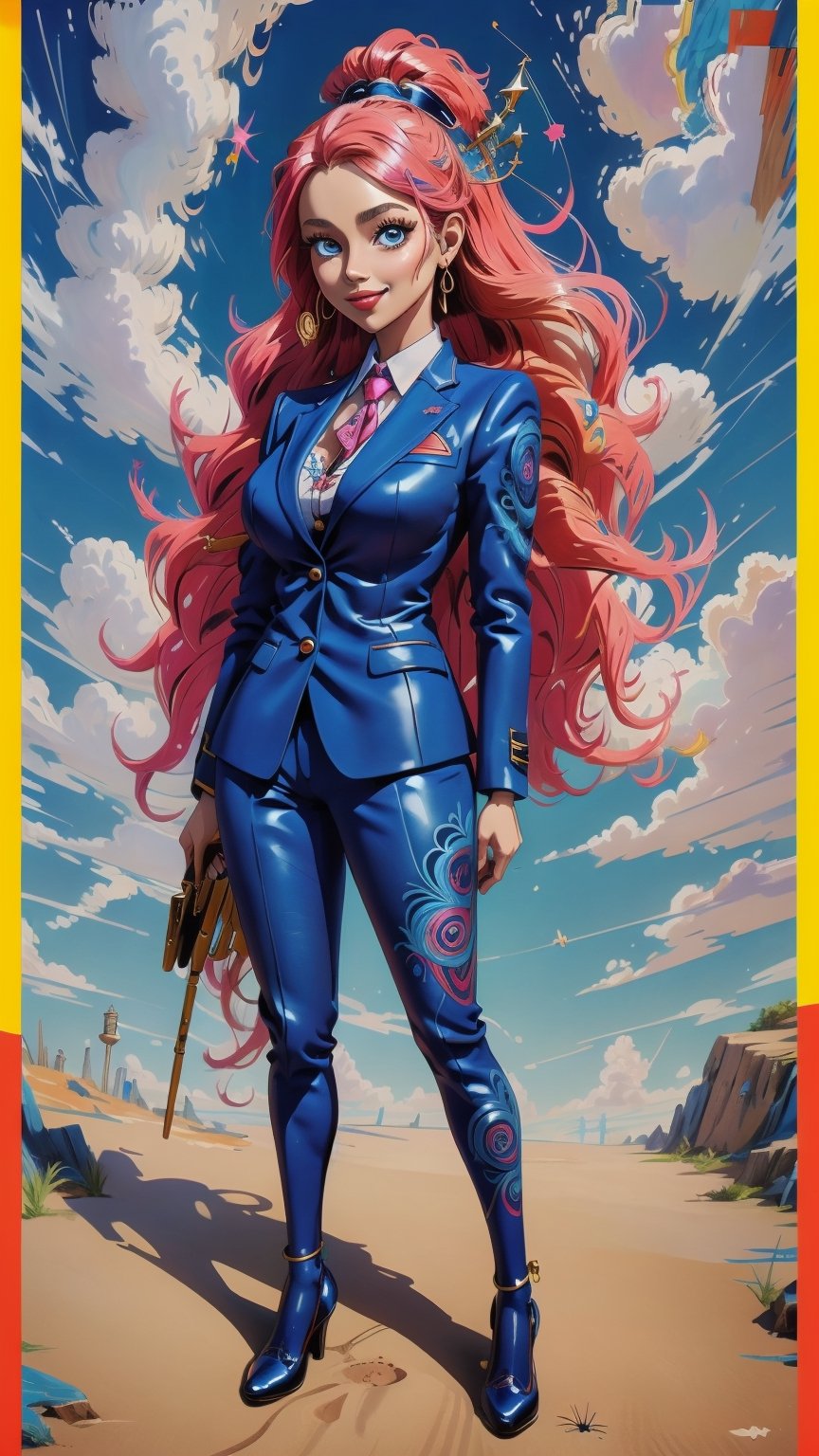 (full body) blue Business suit,girl in vibrant painting. Render this in an anime style, focusing on the her cute, perfect eyes and intricate patterns on its body, smiling at the camera,ink scenery,mythical clouds,High detailed.