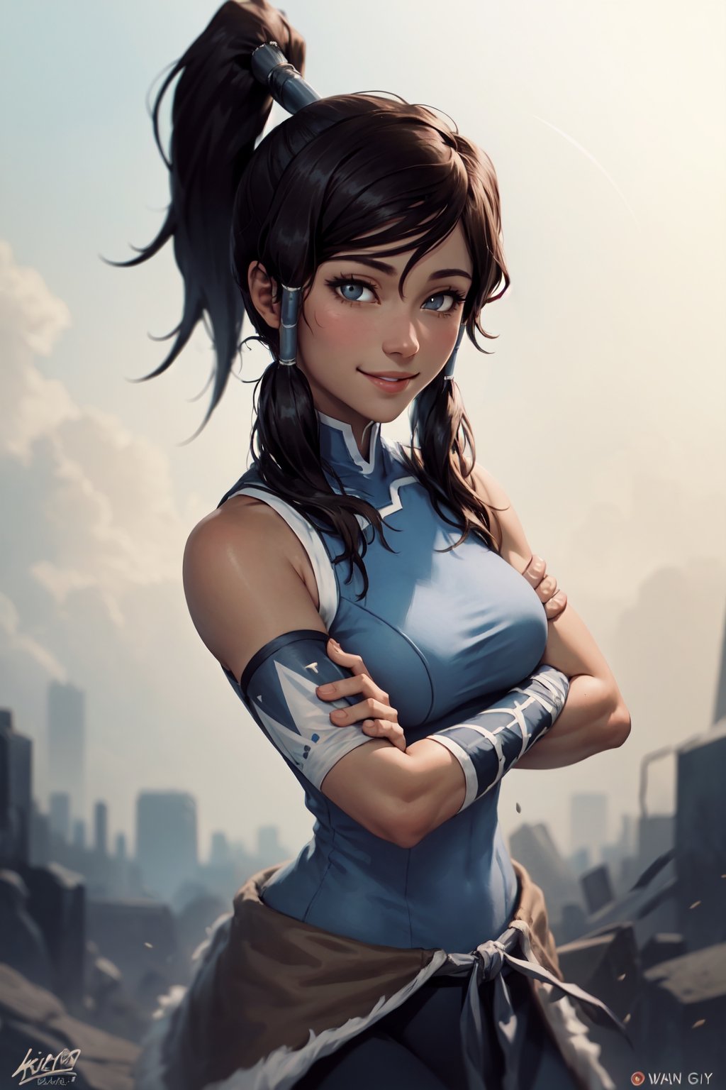 (masterpiece, best quality:1.2), solo, 1girl, korra, dark skin, dark-skinned female, smile, looking at viewer, crossed arms, ponytail, hair tubes, sleeveless, bare shoulders