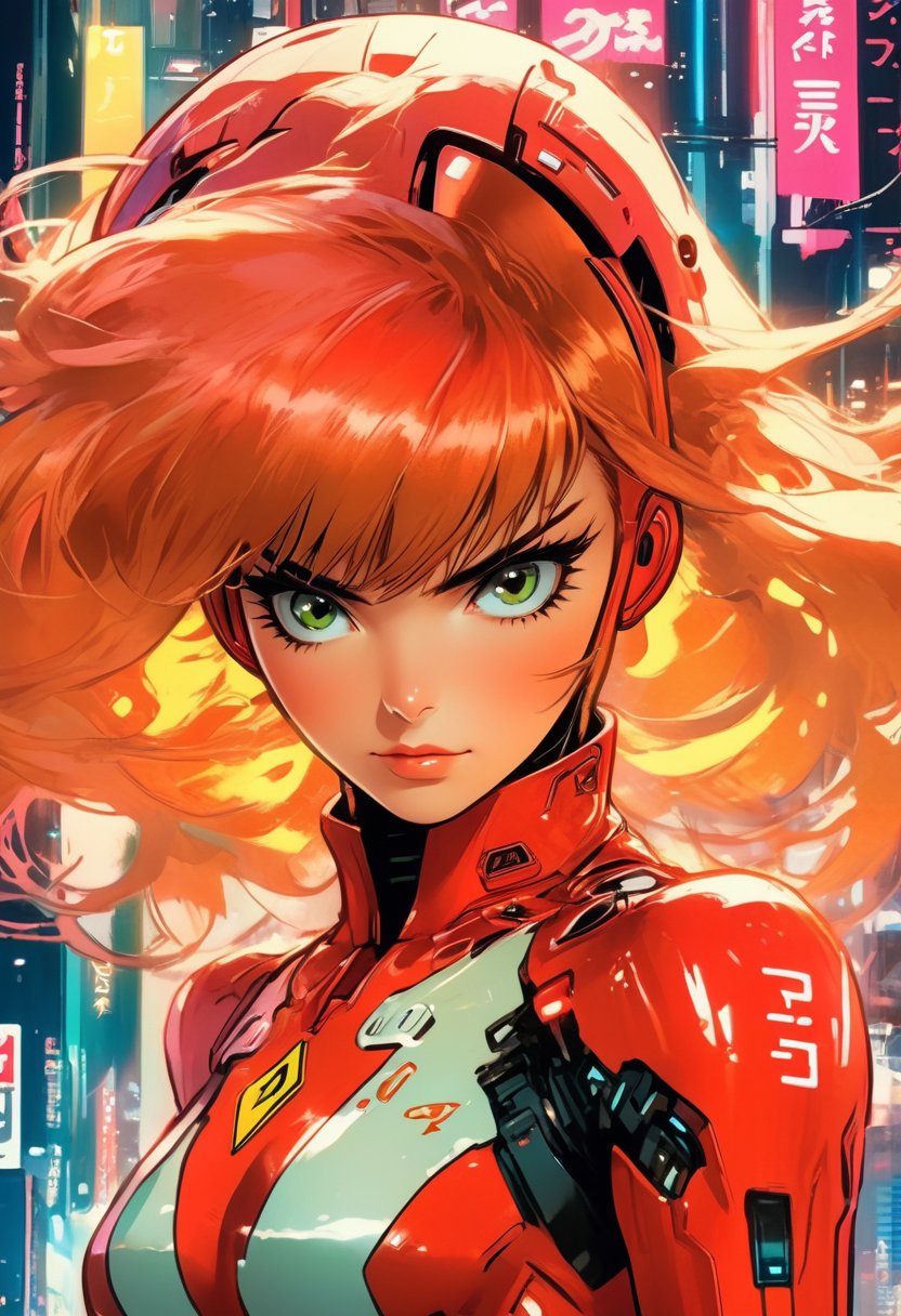 Scarlet jahson as Asuka Langley, iconic plug suit,day, vibrant anime artwork, VR helmet, a cyberpunk 2077 cityscape, skillfully hacking on a futuristic computer, highly detailed, J.C. Leyendecker's style, studio anime, a sense of futurism and sci-fi, technologically advanced world.,v0ng44g