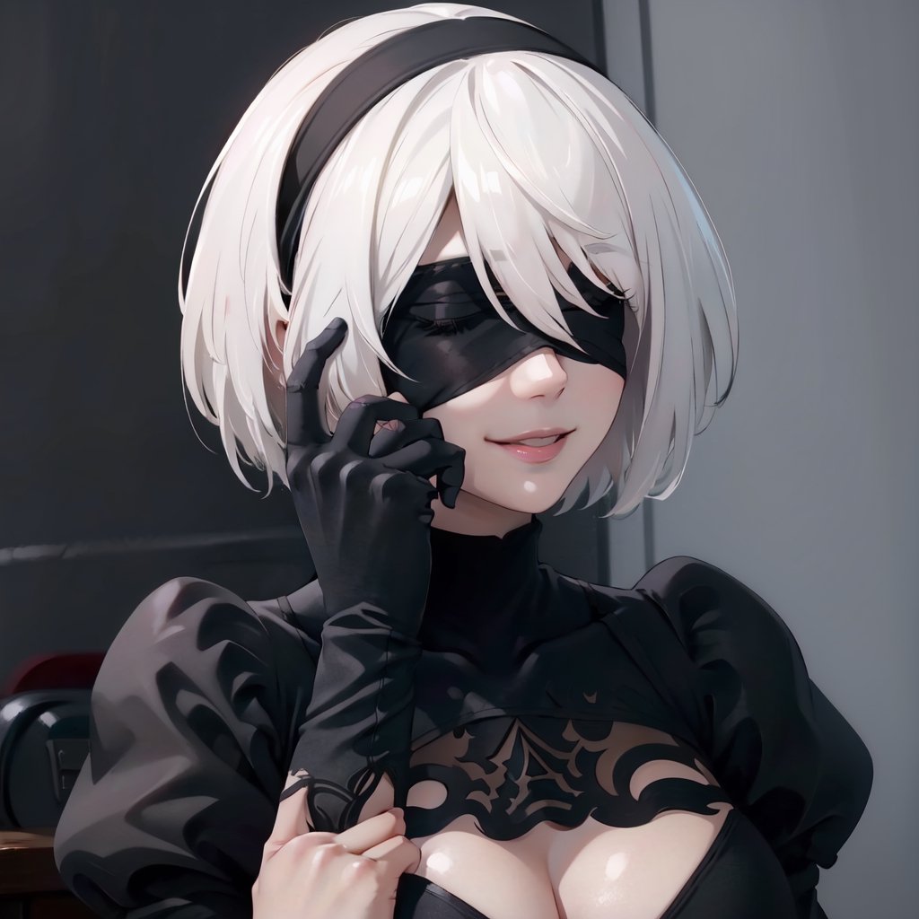 Highly detailed, High Quality, Masterpiece, beautiful, RollSafeMeme, , 1girl, solo, smile, n_2b, blindfold, black blindfold, large breasts, ,yorha no. 2 type b,High detailed 