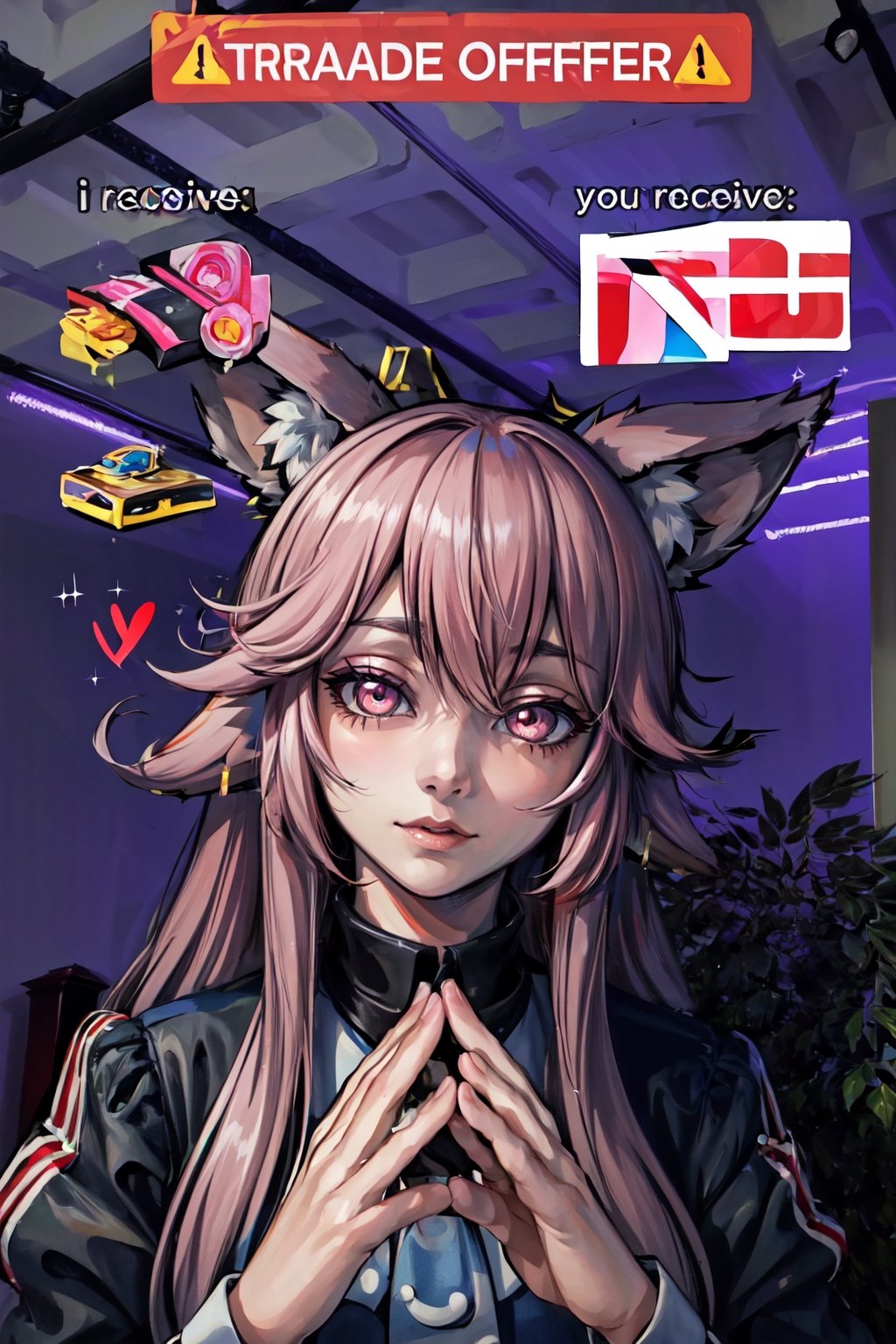 Highly detailed, High Quality, Masterpiece, beautiful, 1girl, TradeOfferMeme, own hands together, , yae miko, pink eyes, long hair, pink hair, animal ears, 