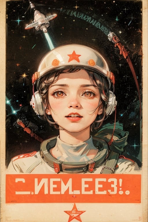 1girl,flat_breasts,cute,beautiful detailed eyes,shiny hair,visible through hair,hairs between eyes, CCCPposter, sovietposter,red monochrome,soviet poster, soviet,communism,
Black_hair,red_eyes,vampire,teenage,poorbreast,Spacesuit:Orange_clothing_body:jumpsuit),white_gloves, white_space shoes, white_helmet, the CCCP red letters on the top of helmet, weightlessness, Side light, reflection, The person in the spacesuit is at the bottom left of the frame, The right hand is outstretched, the right hand gently touches the Salyut space station), Space station in the upper right corner of the screen, Reflected light from the sun, Silver metal,red flag, brilliance,USSR style, diffuse reflection, Metallic texture, The vista is a blue Earth,mecha style,the sea of star,high tone, magnificent,psy_poster 