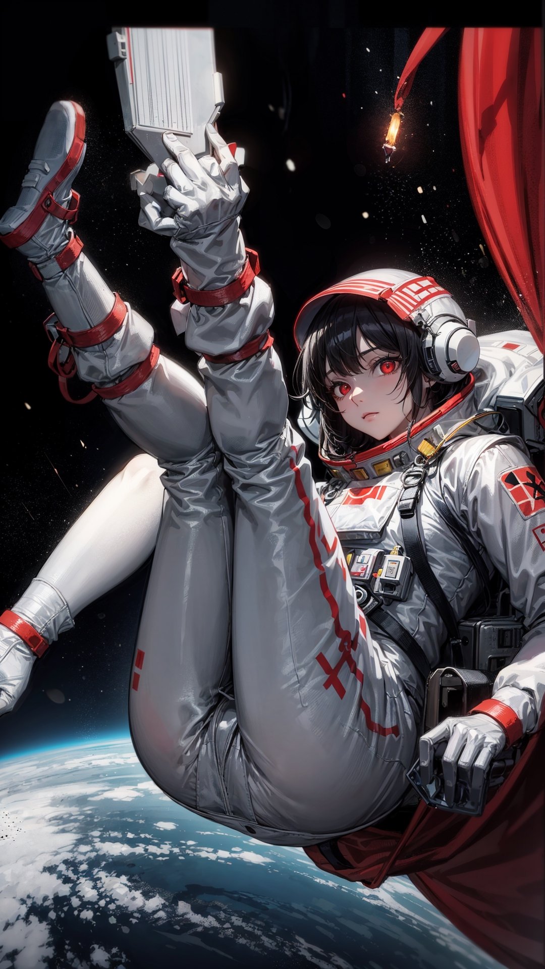 CCCPposter, sovietposter,Create a mesmerizing artwork of a captivating girl in a Soviet spacesuit floating gracefully in weightlessness, her red eyes and black hair contrasting with the monochrome background as she gently touches the Salyut space station, against the backdrop of a magnificent blue Earth and a brilliant red flag.