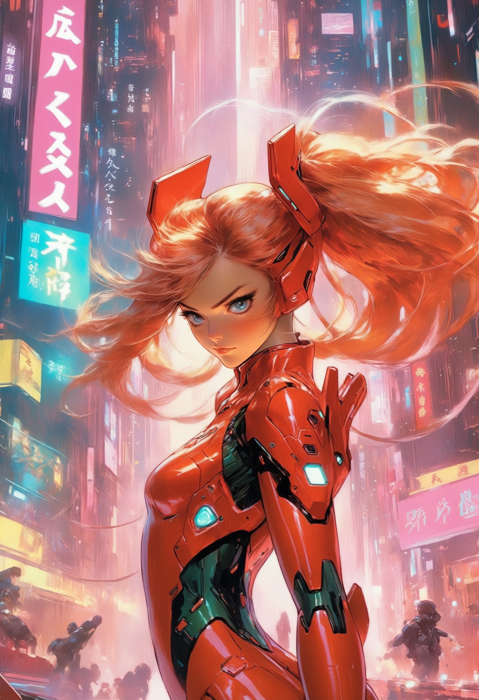 Scarlet jahson as Asuka Langley, multiple colors hair's, iconic plug suit,day, vibrant anime artwork, VR helmet, a cyberpunk 2077 cityscape, skillfully hacking on a futuristic computer, highly detailed, J.C. Leyendecker's style, studio anime, a sense of futurism and sci-fi, technologically advanced world.,v0ng44g