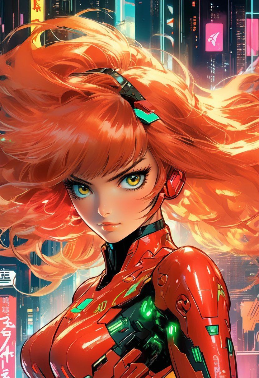 Scarlet jahson as Asuka Langley, iconic plug suit, vibrant anime artwork, VR helmet, a cyberpunk 2077 cityscape, skillfully hacking on a futuristic computer, highly detailed, J.C. Leyendecker's style, studio anime, a sense of futurism and sci-fi, technologically advanced world.,v0ng44g