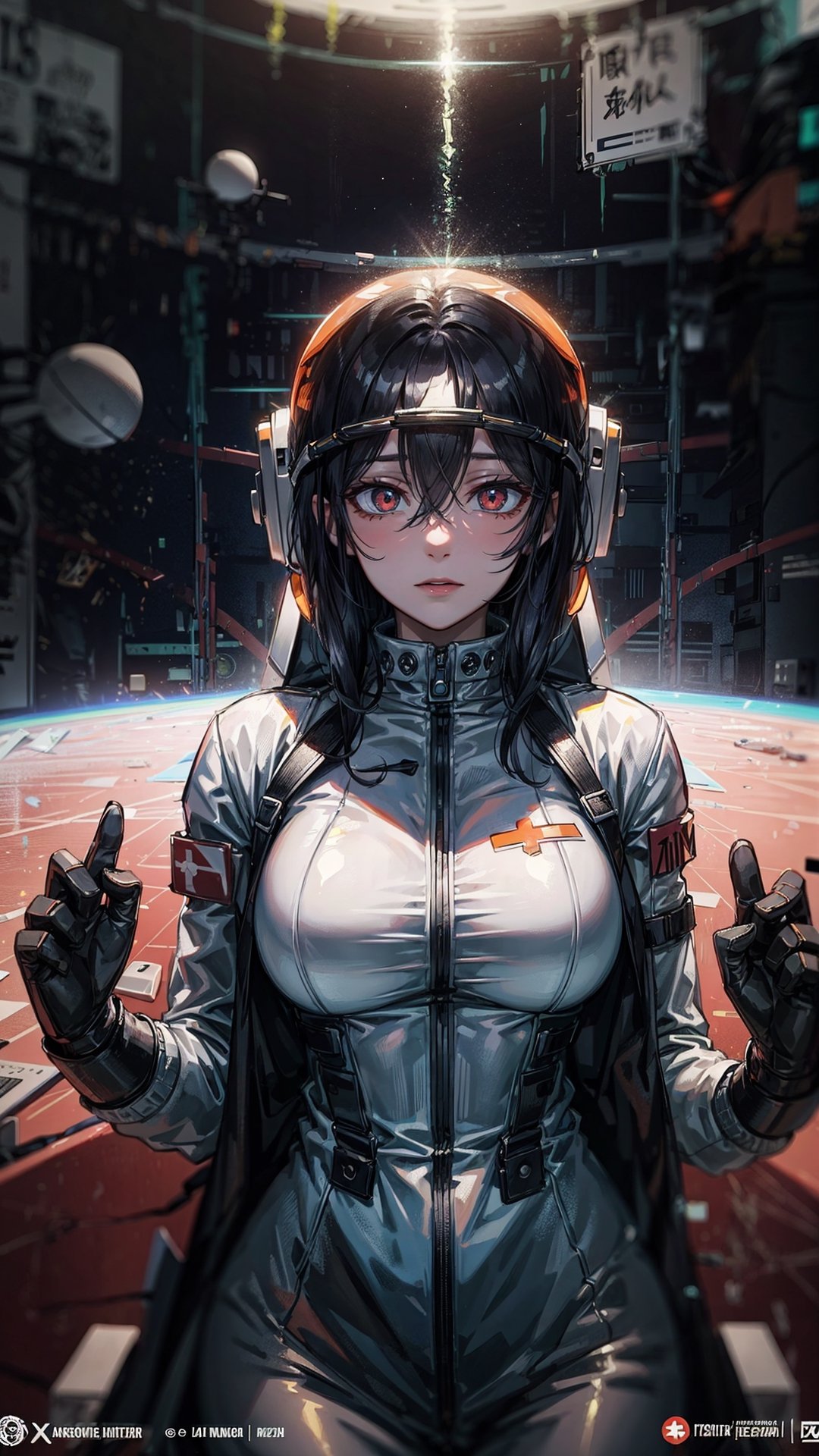 1girl,flat_breasts,cute,beautiful detailed eyes,shiny hair,visible through hair,hairs between eyes, CCCPposter, sovietposter,red monochrome,soviet poster, soviet,communism,
Black_hair,red_eyes,vampire,teenage,poorbreast,Spacesuit:Orange_clothing_body:jumpsuit),white_gloves, white_space shoes, white_helmet, the CCCP red letters on the top of helmet, weightlessness, Side light, reflection, The person in the spacesuit is at the bottom left of the frame, The right hand is outstretched, the right hand gently touches the Salyut space station), Space station in the upper right corner of the screen, Reflected light from the sun, Silver metal,red flag, brilliance,USSR style, diffuse reflection, Metallic texture, The vista is a blue Earth,mecha style,the sea of star,high tone, magnificent,psy_poster 