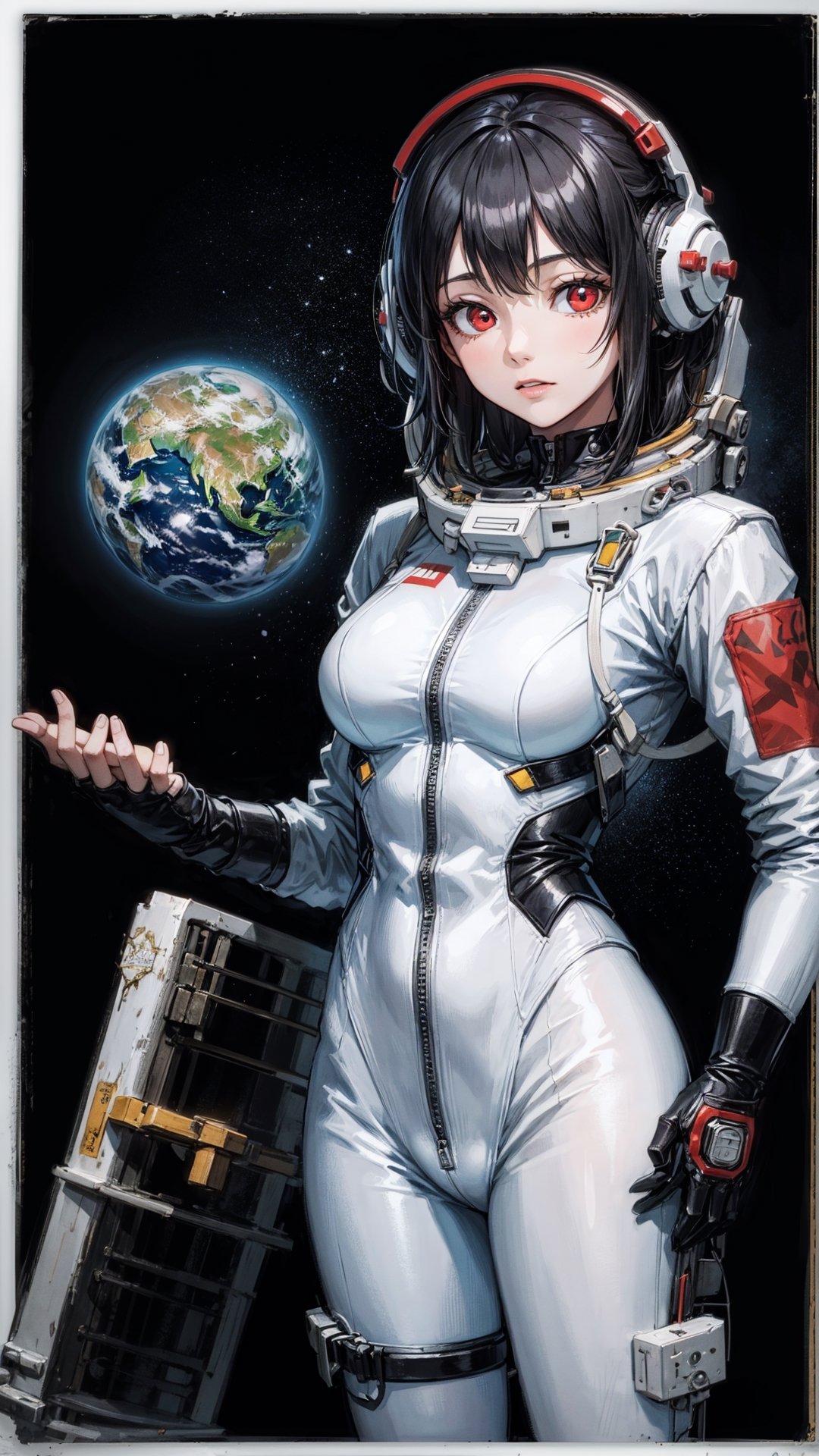 CCCPposter, sovietposter, artwork, girl,painting on Half-white paper, Vibrant colors, Soviet spacesuit, red eyes, black hair, monochrome background, Salyut space station, magnificent blue Earth.