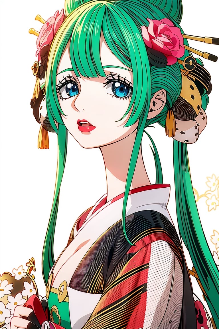 ((1girl)),kozuki hiyori, (3d rendering),(3d girl), ((solo)), Half body, details, (Long straight hairs),((blue-green hair's:0.8)),big eyes,( detailed beautiful eyes), ( detailed face), (extremely detailed CG, ultra-detailed, best shadow), ((depth of field)), (loses black shirt),flowers and petals, (white background).,masterpiece