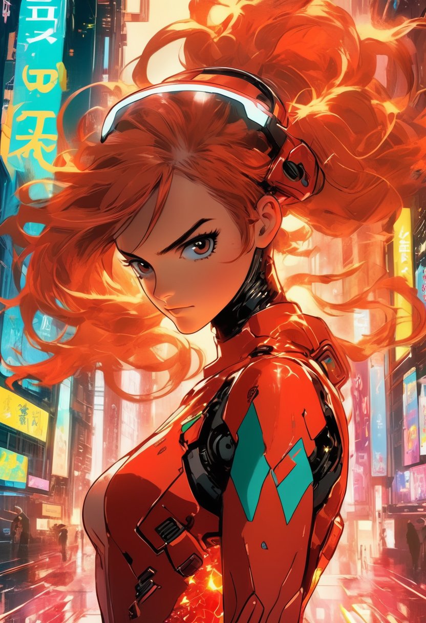 Emma Watson as Asuka Langley wears her iconic plug suit in a vibrant anime artwork. She dons a VR helmet, immersed in a cyberpunk 2077 cityscape, skillfully hacking on a futuristic computer. The art is highly detailed, reminiscent of J.C. Leyendecker's style, with a key visual from a studio anime. The scene radiates a sense of futurism and sci-fi, capturing the essence of a technologically advanced world.