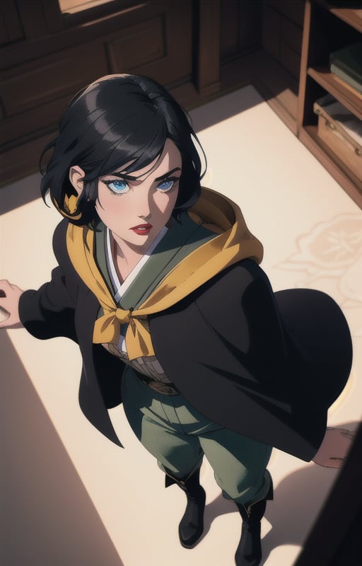 1girl, short black hair,(hufflepuff House Cloak),( inner cloak gray :1), (outer cloack black:1),blue eyes, looking at viewer, solo, face only ,light green pants, black boots(masterpiece:1.4),(best quality:1.4),red lips,parted lips, Japanase meadevil castle:1,dramatic, watching a battle, shadows,extremely_beautiful_detailed_anime_face_and_eyes,an extremely delicate and beautiful,dynamic angle, backlighting,Watercolor, Ink, epic, look from above
