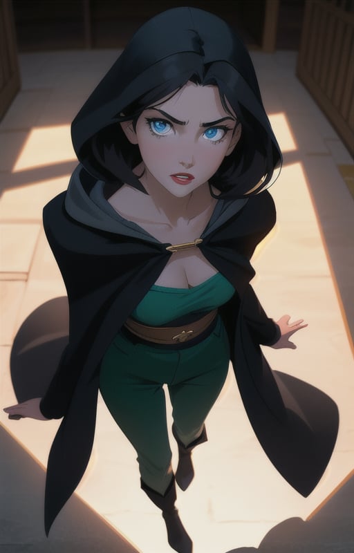 1girl, short black hair,(hufflepuff House Cloak),( inner cloak gray :1), (outer cloack black:1),blue eyes, looking at viewer, solo, face only ,light green pants, black boots(masterpiece:1.4),(best quality:1.4),red lips,parted lips, Japanase meadevil castle:1,dramatic, watching a battle, shadows,extremely_beautiful_detailed_anime_face_and_eyes,an extremely delicate and beautiful,dynamic angle, backlighting,Watercolor, Ink, epic,keyhole shape,keyhole perspective,view from above 