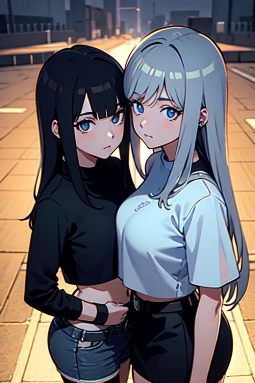 two girl's asses stacked one above the other007 anime girl in mini skirt, epic anime art, thin waist, beautiful figure, wide hips, sexy, teen, belts, holster, crop top, (best quality, ultra quality), long hair, gray hair, split colors hair, detailed face, detailed eyes, cute eyes, perfect lighting, HD, 8k, glossy skin, masterpiece, digital art, intricate details, highly detailed, volumetric lighting, background detiled, ue5, unreal engine 5, artstation, trending on artstation, post processing, line art, tiny details, colorful detailed illustration, street, cinematic, multiple light sources, sunset, body_piercings,View from above