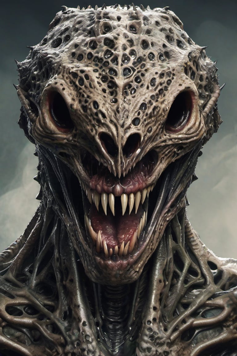 Trypophobia Monster, flesh, scary, sharp teeth, highly detailed, fear, focus on trypophobia, glossy, wet, Human Like