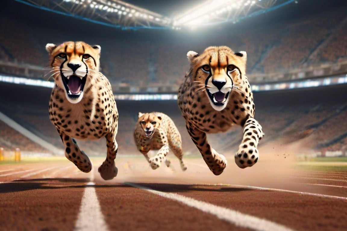 Cheetahs racing towards Goal Line along a Running Track, highly realistic, highly detailed, sharp detailes, running, dashing, inside a Sports Arena, sharp background, dirt kicking up