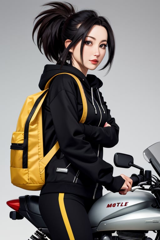  mature, 1girls, solo girl, black hair,  momo mha, black hoodie and bike_suit, small backpack, combat position, motorcycle, 