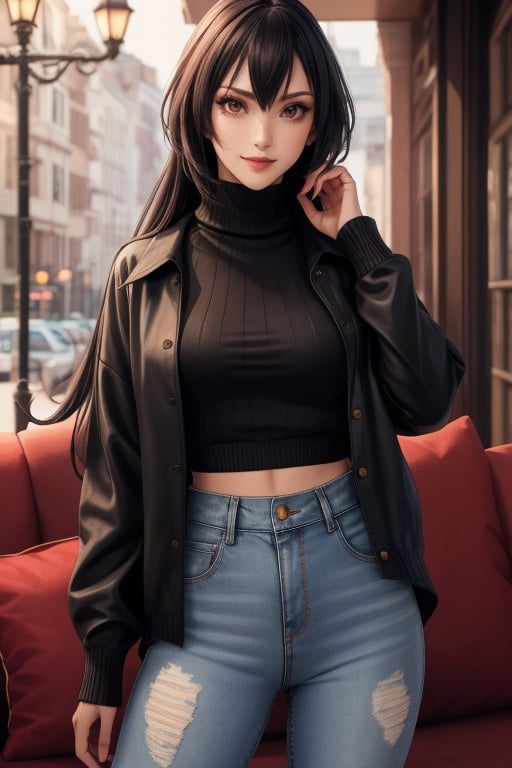 best quality, highres, solo girl, mature, milf, Nagato, black hair, long hair, very long hair, red eyes, big breasts, 1 girl, masterpiece, best quality, ultra detailed, 8k, highly detailed, detailed face, small smile, delicate hands, wide hips, black jeans, shirt, open jacket, turtleneck sweater, crimson eyes, caffe, sofa,