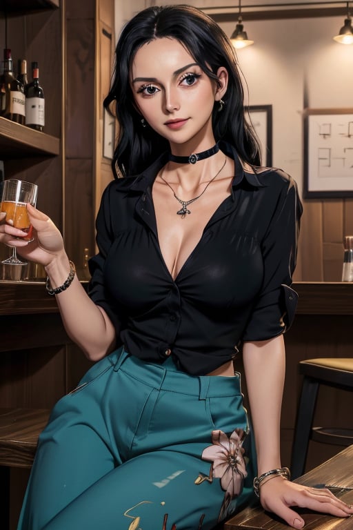 masterpiece, best quality, highres, mature, solo girl, NicoRobin, huge breasts, black hair, big eyes, Cerulean eyes, small smile, delicate hands, jewelry, choker necklace, bracelet, wide pants, wide shirt, night, bar, sit behind table