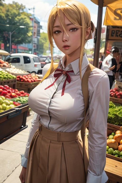 best quality, highres, marikawashizuka, mature, 1girl, solo, large breasts, dress, skirt, market