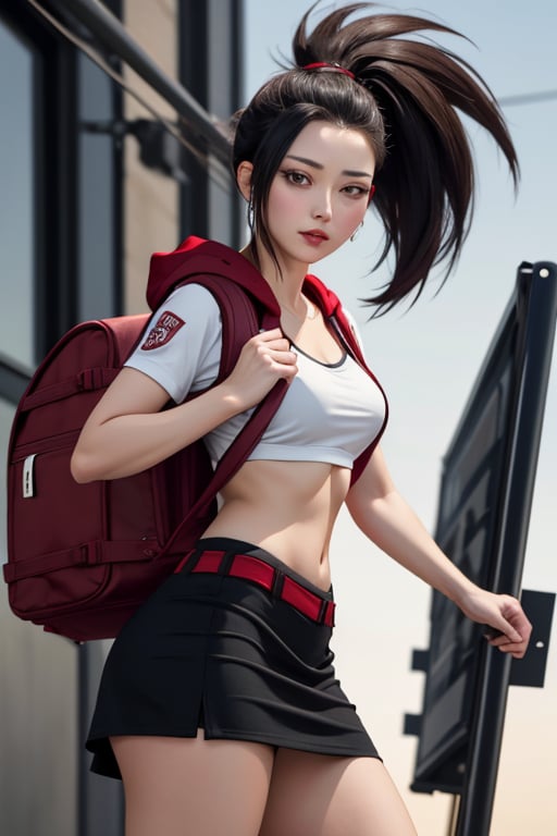  mature, 1girls, solo girl,  black hair, large_chest, large_ass, momo mha, black hoodie and red skirt, small backpack, combat position, apocalypse