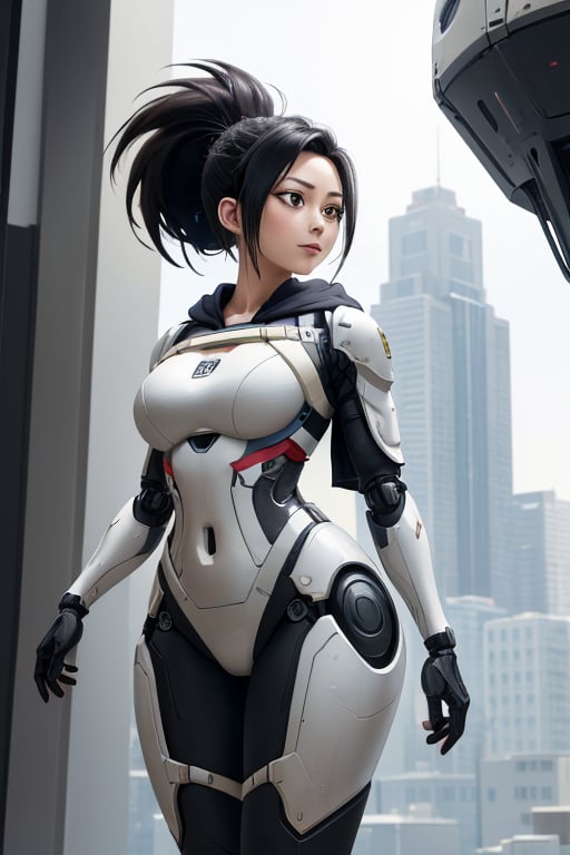 masterpiece, best quality, highres, mature, solo girl, black hair, ponytail, momo, mha, large breasts, wide hips, armored_dress, suit, FutureArmor, hoodie, pants, FutureArmor, scifi background, cape