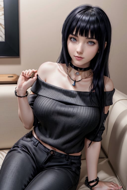 masterpiece, best quality, highres, hinata, solo girl, mature, huge breasts, smooth face, detailed face, black hair, long hair, hime cut, white eyes, smile, delicate hands, choker necklace, bracelet watch, jawerly, seductive pose, open shoulder sweater, black pants, bar, sit, sofa, good hands 