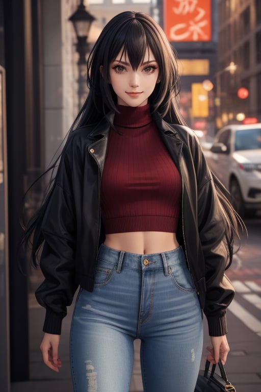 best quality, highres, solo girl, mature, milf, Nagato, black hair, long hair, very long hair, red eyes, big breasts, 1 girl, masterpiece, best quality, ultra detailed, 8k, highly detailed, detailed face, small smile, delicate hands, wide hips, black jeans, shirt, open jacket, turtleneck sweater,More Detail