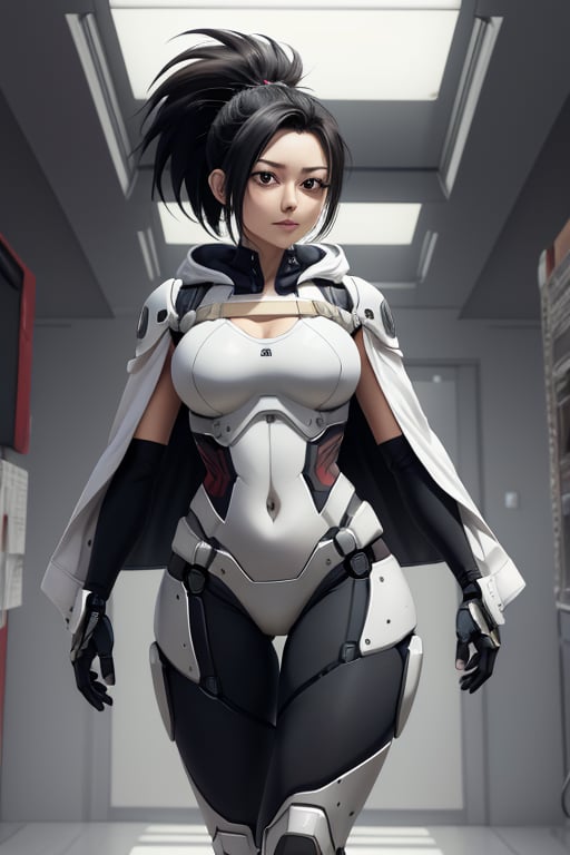 masterpiece, best quality, highres, mature, solo girl, black hair, ponytail, momo, mha, large breasts, wide hips, armored_dress, suit, FutureArmor, hoodie, pants, FutureArmor, scifi background, cape