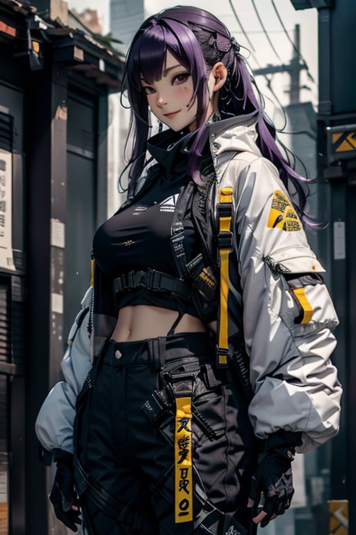 masterpiece, best quality, highres, mature woman, asian, huge breasts, long hair, dark purple hair, hime cut, detailed face, small smile, wide hips, urban techwear, techwear jacket, techwear pants, techwear gloves, katana 