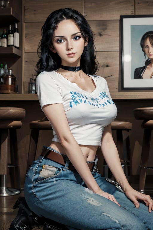 masterpiece, best quality, highres, solo girl, cute, NicoRobin, huge breasts, smooth face, detailed face, black hair, long hair, big eyes,  blue eyes, oval head, small smile, delicate hands, jawerly, choker necklace, bracelet, wide hips, open t-shirt, pants, high boots, black belt, sunglasses, sit on sofa, bar, table, crossed legs, seductive pose