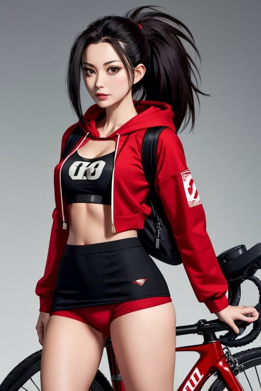  mature, 1girls, solo girl, black hair, large_chest, large_ass, momo mha, black hoodie and red skirt, small backpack, combat position, bike