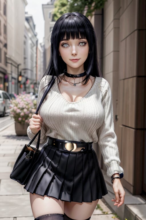 masterpiece, best quality, highres, hinata, solo girl, mature, huge breasts, smooth face, detailed face, black hair, long hair, hime cut, white eyes, smile, delicate hands, choker necklace, bracelet watch, jawerly, long sweater dress, black Pleated skirt, high socks, belt, handbag boob slash, walking 