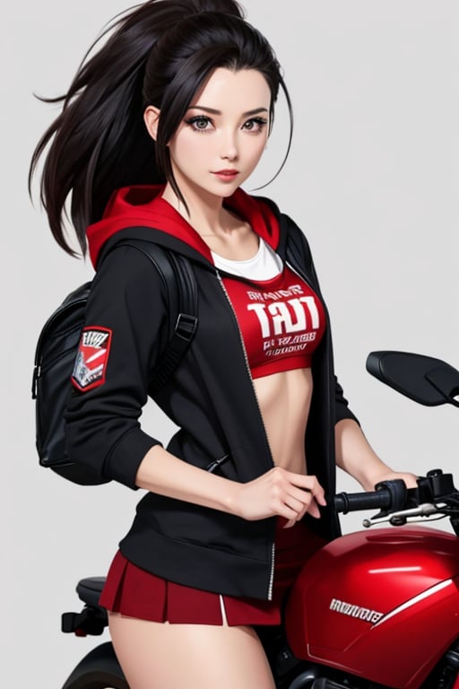  mature, 1girls, solo girl, black hair, large_chest, large_ass, momo mha, black hoodie and red skirt, small backpack, combat position, motocycle