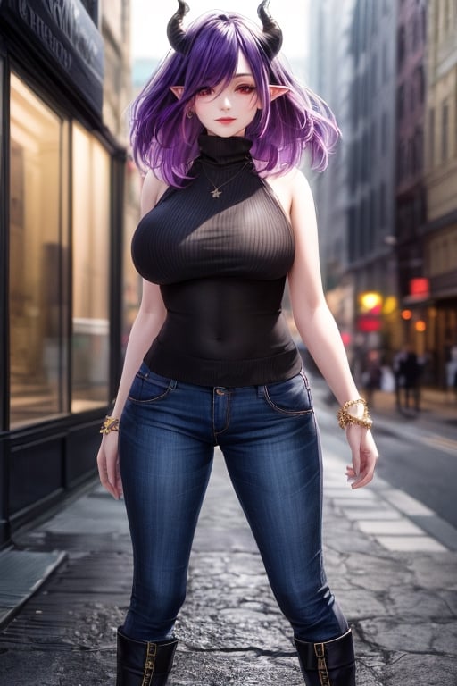 best quality, highres, solo girl, mature, Vermeil, big breasts, purple hair, demon girl, demon horns, horns, low-cut, red eyes, gorgeous face, gorgeous eyes, makeup, demon girl, demon horns, horns, long hair, pointy ears, red hair,  masterpiece, best quality, ultra detailed, 8k, highly detailed, detailed face, pose, small smile, delicate hands, jewelry, choker necklace, bracelet, turtleneck long sweater, pants, boots, street