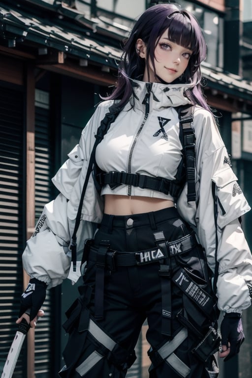 masterpiece, best quality, highres, mature woman, asian, huge breasts, long hair, dark purple hair, hime cut hair, long hair, detailed face, small smile, wide hips, urban techwear, techwear jacket, techwear pants, techwear gloves, katana, firearms, combat pose