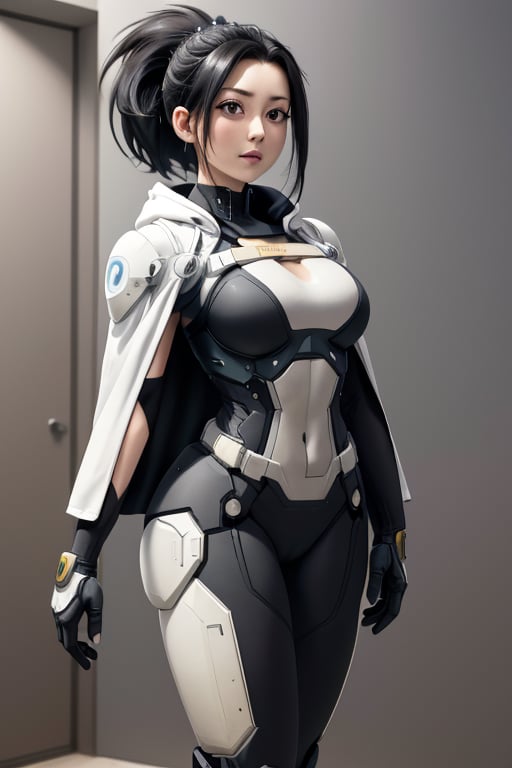 masterpiece, best quality, highres, mature, solo girl, black hair, ponytail, momo, mha, large breasts, wide hips, armored_dress, suit, FutureArmor, hoodie, pants, FutureArmor, scifi background, cape, military cap, cap