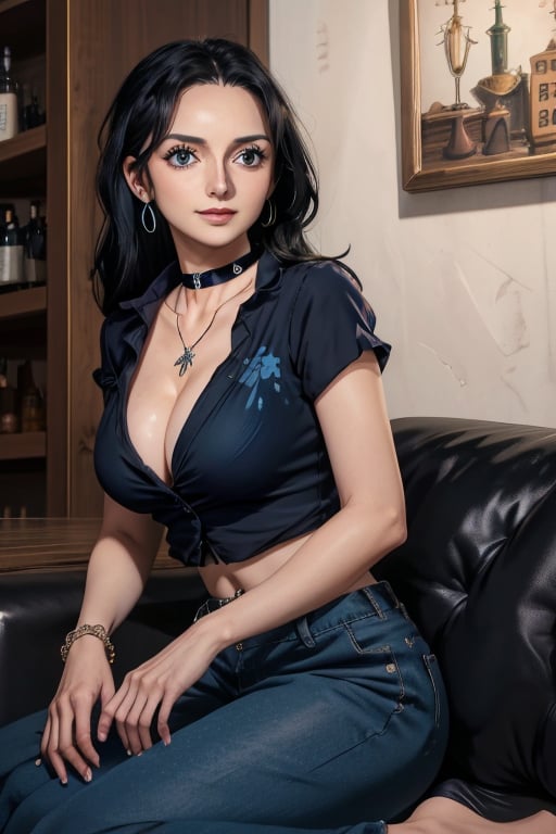 masterpiece, best quality, highres, mature, solo girl, NicoRobin, huge breasts, black hair, big eyes, Cerulean eyes, small smile, delicate hands, jewelry, choker necklace, bracelet,  blue wide pants, black wide shirt, night, bar, sit sofa