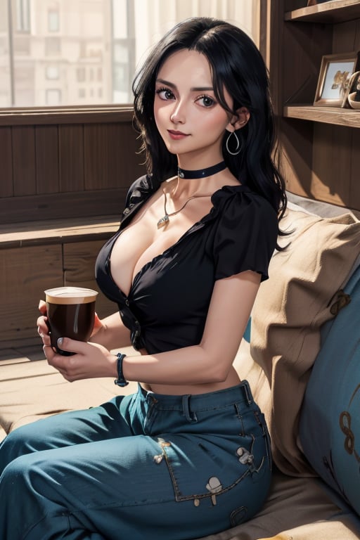 masterpiece, best quality, highres, mature, solo girl, NicoRobin, huge breasts, black hair, big eyes, Cerulean eyes, small smile, delicate hands, jewelry, choker necklace, bracelet,  blue wide pants, black wide shirt, caffe shop, sit sofa