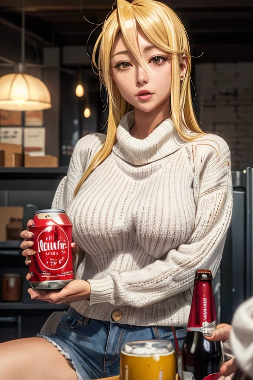 best quality, highres, marikawashizuka, mature, 1girl, solo, large breasts, sweater, home, canned beer