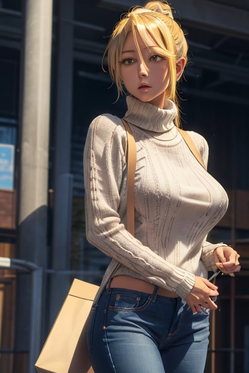 masterpiece, best quality, highres, marikawashizuka, mature, 1girl, solo, large breasts, sweater, skinny_jeans