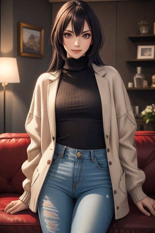 best quality, highres, solo girl, mature, milf, Nagato, black hair, long hair, very long hair, red eyes, big breasts, 1 girl, jewelry, masterpiece, best quality, ultra detailed, 8k, highly detailed, detailed face, small smile, delicate hands, wide hips, black jeans, shirt, open jacket, turtleneck sweater, crimson eyes, caffe, sit on sofa,