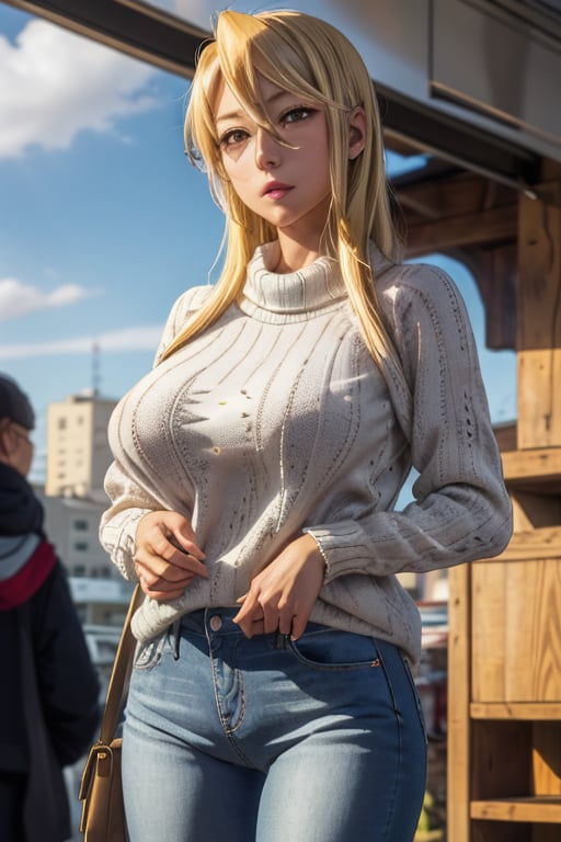 masterpiece, best quality, highres, marikawashizuka, mature, 1girl, solo, large breasts, sweater, skinny_jeans, market