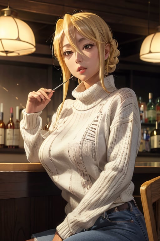 best quality, highres, marikawashizuka, mature, 1girl, solo, large breasts, sweater, bar