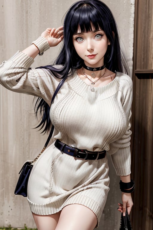 masterpiece, best quality, highres, hinata, solo girl, mature, huge breasts, smooth face, detailed face, black hair, long hair, hime cut, white eyes, smile, delicate hands, choker necklace, bracelet watch, jawerly, long sweater dress, high socks, belt, handbag boob slash, walking 