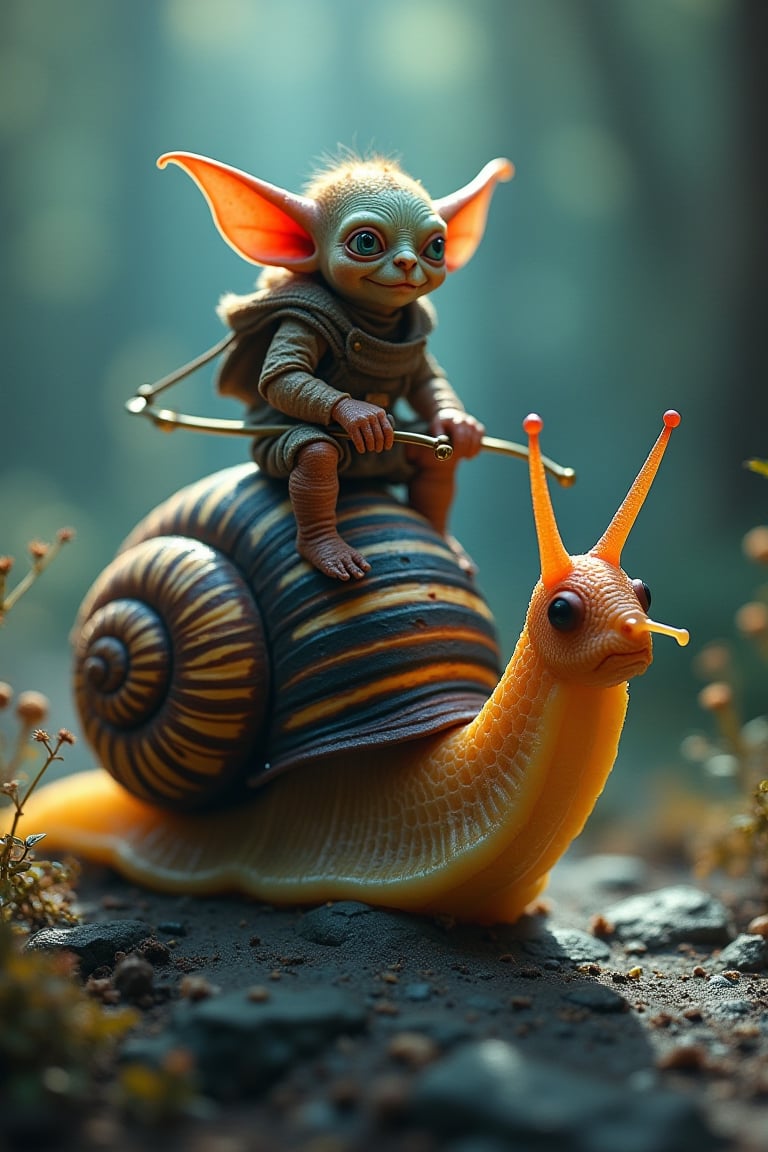 a tiny goblin jockey riding on the back of a giant snail, neon reins,the snail's shell is striped black and yellow, slime trail, neon bokeh, in the style of a fantasy painting