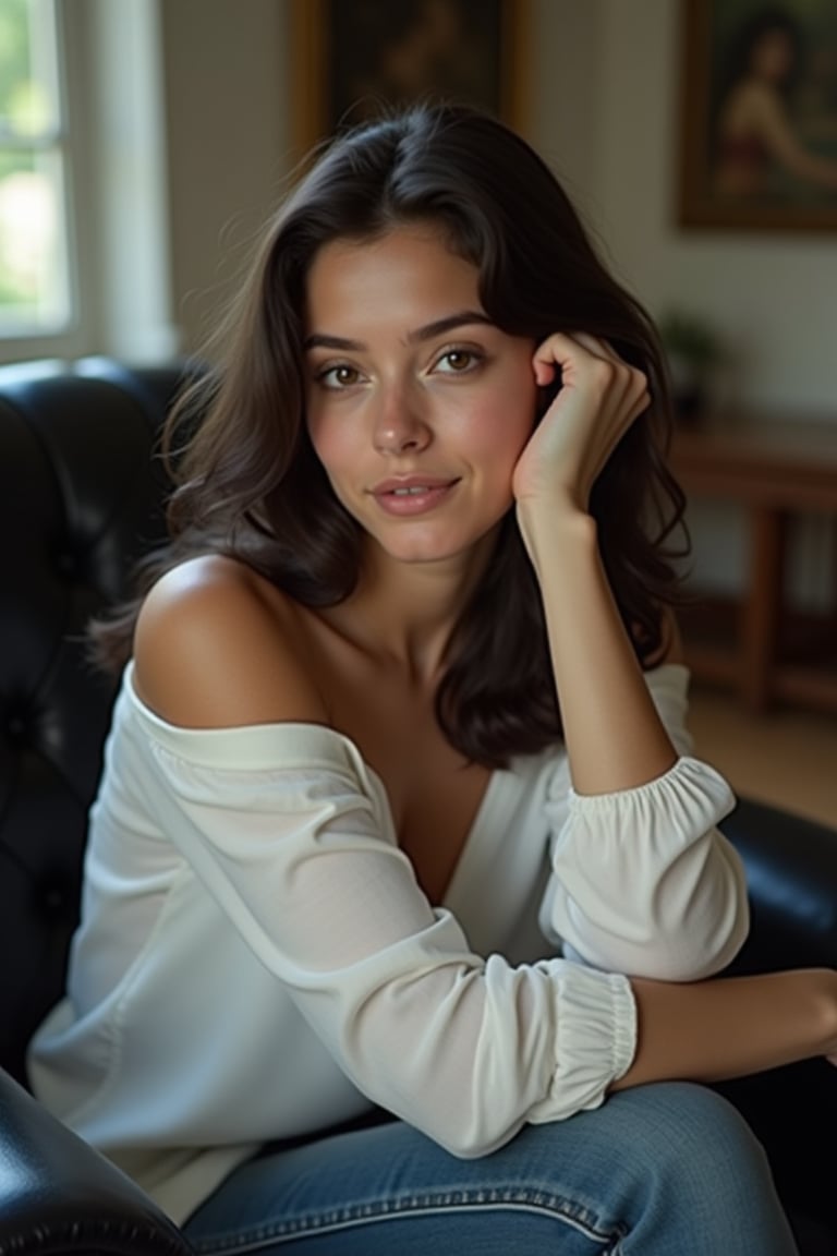 The image is a portrait of a 21 year old girl sitting on a black leather armchair. She is wearing a white off-the-shoulder shirt and has long dark hair that is styled in loose waves. The woman is resting her head on her hand and appears to be deep in thought. The background is blurred, but it seems to be a room with a window and a painting hanging on the wall. The lighting is soft and natural, creating a dreamy atmosphere. The overall mood of the image is sensual and intimate