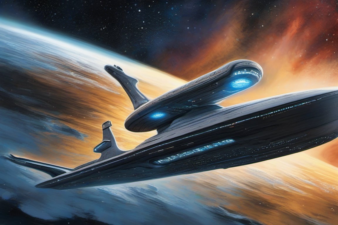 "Imagine you are a crew member aboard the USS Enterprise from Star Trek, navigating through the icy expanse of deep space. The ship's hull creaks as it maneuvers through the frigid darkness, its windows glowing with the warm light from within. Outside, the vast expanse of space is a mesmerizing deep blue, contrasting with the fiery jets of the Enterprise's engines. Draw a detailed account of the experiences, emotions, and thoughts about this breathtaking journey through the cold unknown, capturing the juxtaposition between the warmth of the ship and the chilling beauty of the cosmic ice surrounding the starship U.S.S. Enterprise."