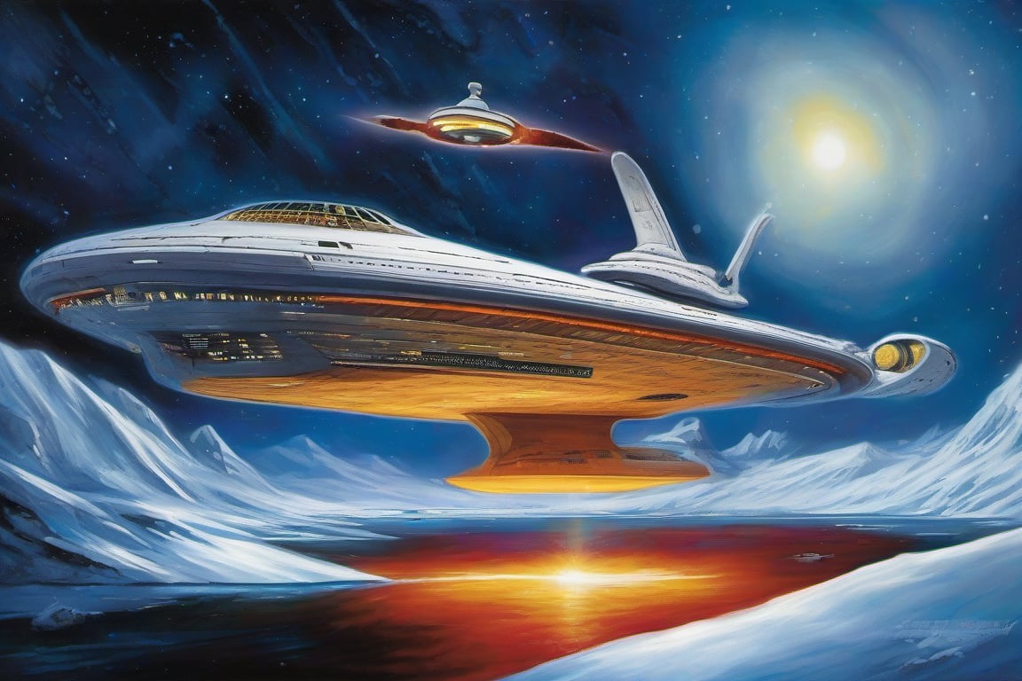 "Imagine you are a crew member aboard the USS Enterprise from Star Trek, navigating through the icy expanse of deep space. The ship's hull creaks as it maneuvers through the frigid darkness, its windows glowing with the warm light from within. Outside, the vast expanse of space is a mesmerizing deep blue, contrasting with the fiery jets of the Enterprise's engines. Draw a detailed account of the experiences, emotions, and thoughts about this breathtaking journey through the cold unknown, capturing the juxtaposition between the warmth of the ship and the chilling beauty of the cosmic ice surrounding the starship U.S.S. Enterprise."