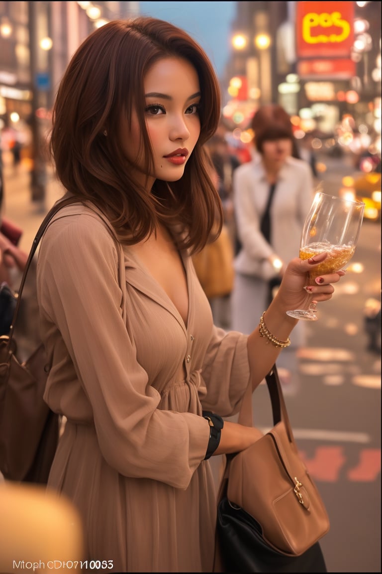 Photograph of a beautiful skinny  brown skinned woman with reddish-brown hair in a city. Shake and sophisticated with sharp features, elegant posture and high fashion attire. A bustling city street with tall glass buildings, right in the on lights and busy crowds model: SD XL