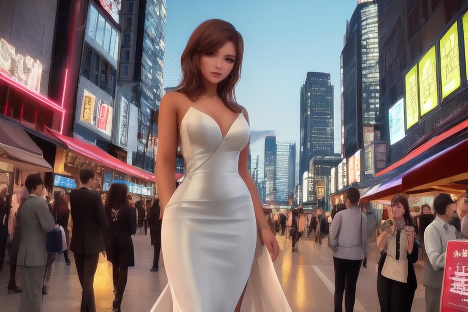 Photograph of a beautiful skinny  brown skinned woman with reddish-brown hair in a city. Shake and sophisticated with sharp features, elegant posture and high fashion attire. A bustling city street with tall glass buildings, right in the on lights and busy crowds model: SD XL