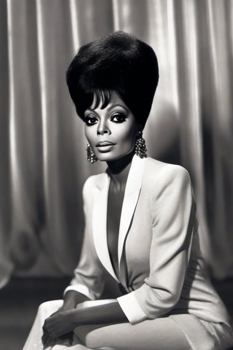 "Create a mesmerizing illustration capturing Diana Ross's timeless allure and captivating stage presence. Highlight her radiant complexion, expressive almond-shaped eyes adorned with eyeliner and mascara, and her perfectly framed eyebrows. Showcase her iconic jet-black, voluminous coiffed hair that frames her face elegantly. Let her graceful, slender figure shine in a fashionable outfit that accentuates her curves, solidifying her status as a style icon. Bring to life the magic of Diana Ross as she commands the stage with her stunning beauty and charismatic aura."